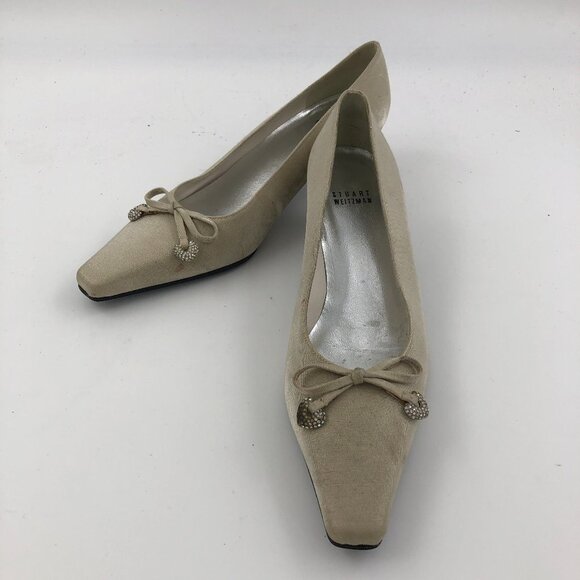 STUART WEITZMAN Champagne Kitten Heel Evening Shoes Rhinestone Bow Hearts 7M - Picture 1 of 9